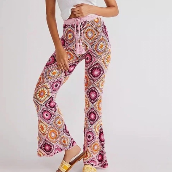 Flook x Free People Diamond Crochet XS Pink High Rise Vintage-Inspired Flare - Picture 1 of 6